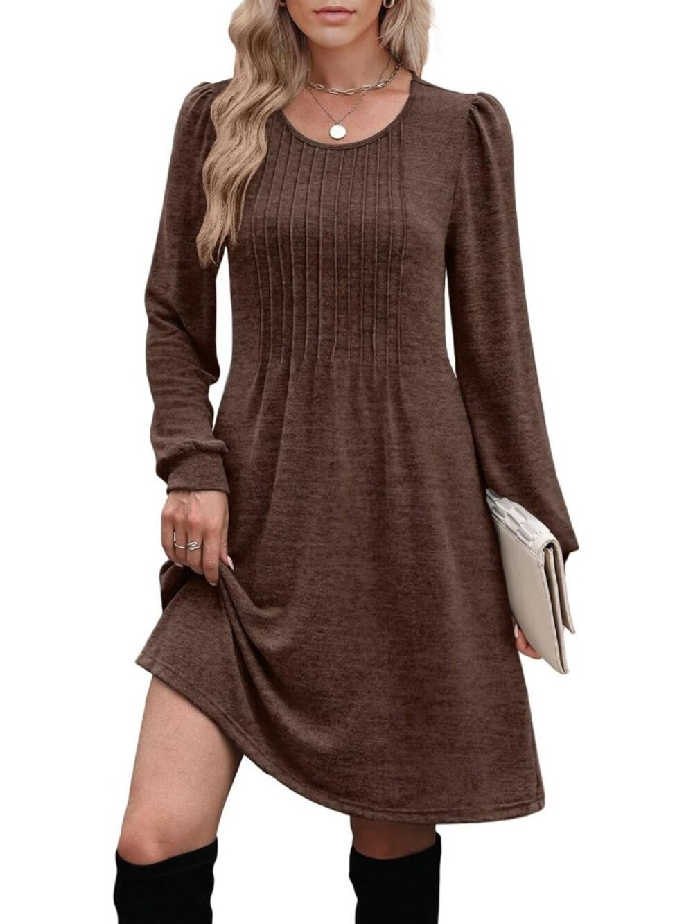 Women's Brown Pleated Crew Neck Pockets Fall Baby Doll Sweater Mini Dress - Picture 4 of 5